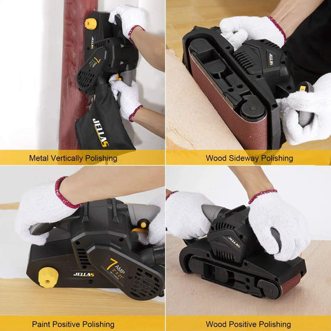 7 Amp Handheld Belt Sander with 3 x 21 Inch Belts, Dust Bag, and Beast Mode Variable Speed 120 to 400 RPM for Woodworking in use