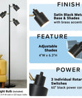 66 Inch Three Head Floor Lamp With Adjustable Heads In Satin Black Finish And Brass Accents in living room corner