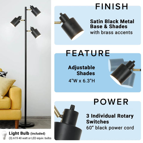 66 Inch Three Head Floor Lamp With Adjustable Heads In Satin Black Finish And Brass Accents in living room corner