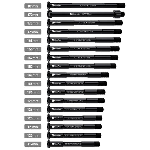 Display of various sizes of 12mm Thru Axle For Bike Forks And Rear Hubs, Hubs Adapter With 1.5mm Thread Pitch, 142mm Length (123mm Mounting)