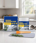 Premium Easy Application With Rock Solid High Performance Clear Waterproof Sealant Plus Liquid Rubber Coating For Cracked Tiles Fast Drying Transparent Barrier That Locks Out Moisture Once And For All in a kitchen setting with containers and brush.