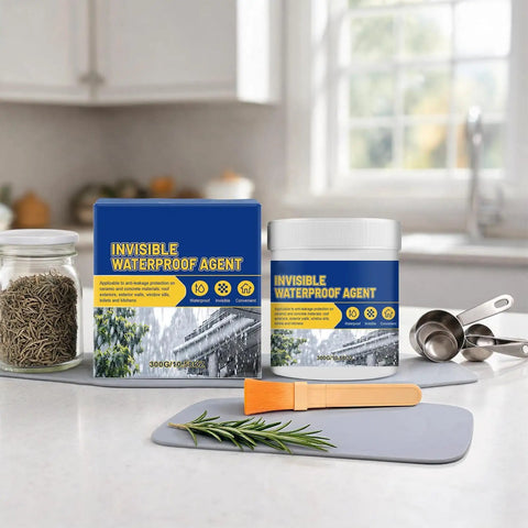 Premium Easy Application With Rock Solid High Performance Clear Waterproof Sealant Plus Liquid Rubber Coating For Cracked Tiles Fast Drying Transparent Barrier That Locks Out Moisture Once And For All in a kitchen setting with containers and brush.
