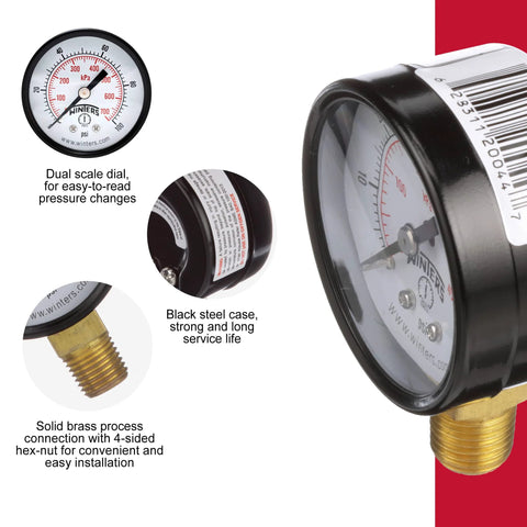 Winters 2-inch dial pressure gauge with brass internals, black steel case, bottom 1/4 in. NPT, dual psi/kPa scale