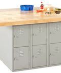 Heavy Hitter Four Station Workshop Workbench With Locker Base Setup Fresh Maple Butcher Block Top Gray Steel Frame No Vises Attached, top view.