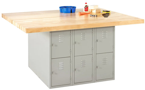 Heavy Hitter Four Station Workshop Workbench With Locker Base Setup Fresh Maple Butcher Block Top Gray Steel Frame No Vises Attached, top view.
