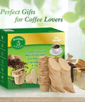 Keurig Compatible Disposable Coffee Filters 300 Pack Natural With Lid displayed with packaging and gift box on a table.