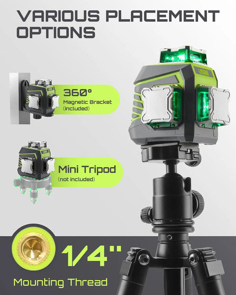 3 By 360 Degree Laser Level Self Leveling With Green Cross Line For Construction And Picture Hanging All In One Boss Grade Tool With Rechargeable Battery Remote Control And Magnetic Rotating Stand Included, mounted on 1/4" tripod