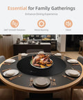 24 Inch Round Electric Food Warmer With Automatic 360 Degree Rotating Turntable Tray And Adjustable Temperature Control Perfect For Keeping Dishes Hot During Parties Buffets And Family Gatherings In Black Finish on a dining table with a roasted turkey.
