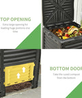 80 Gallon Garden Compost Tumbler Bin With Dual Side Loading Yellow Unit 23.75 By 23.75 By 32 Inch Size showing top open and bottom door