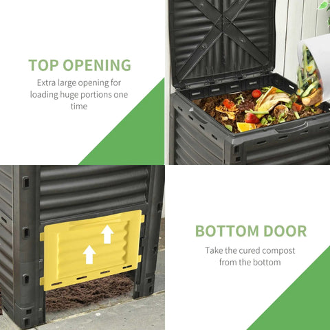 80 Gallon Garden Compost Tumbler Bin With Dual Side Loading Yellow Unit 23.75 By 23.75 By 32 Inch Size showing top open and bottom door