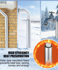 Eight Pack Pipe Insulation Foam Tubes With Self Adhesive Aluminum Foil Wrap For Spigot And Outdoor Pipes, shown on pipes in winter.