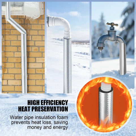 Eight Pack Pipe Insulation Foam Tubes With Self Adhesive Aluminum Foil Wrap For Spigot And Outdoor Pipes, shown on pipes in winter.