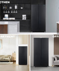 15.6 Cubic Foot Side By Side Refrigerator In Sleek Black 33 Inch Wide Full Size Design offering roomy storage in kitchen, apartment, and office settings.