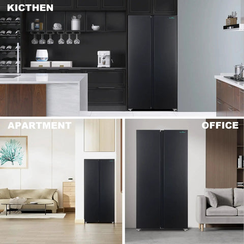 15.6 Cubic Foot Side By Side Refrigerator In Sleek Black 33 Inch Wide Full Size Design offering roomy storage in kitchen, apartment, and office settings.