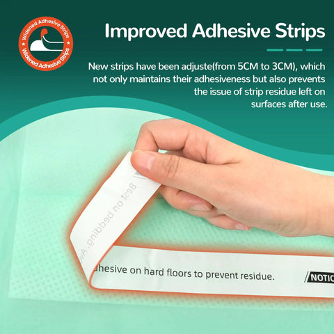 Improved adhesive strips on Ultra Thick Disposable Bed Pads With Rock Solid Adhesive Strips 30 X 36 Inches 50 Count.