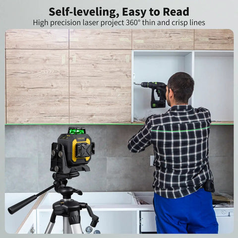 Pro Grade Green Beam Laser Level With Receiver Kit, 360 Self Leveling Laser in use during kitchen renovation