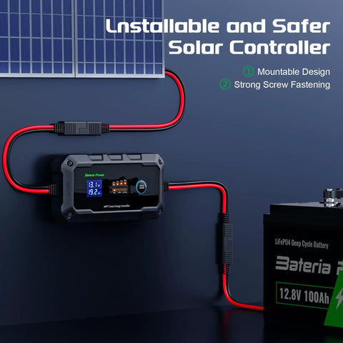 20A 12V/24V MPPT Wireless Solar Charge Controller With Bluetooth App For LiFePO4 Gel AGM FLD SLD Batteries installed on wall
