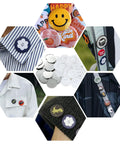 Three Inch Button Maker Kit With 800 Pieces Of Button Parts showing completed badges on clothing and unused materials