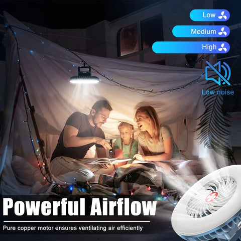 Family using Portable Camping Fan With LED Lantern USB Rechargeable Waterproof Tent Fan in a makeshift indoor tent setup