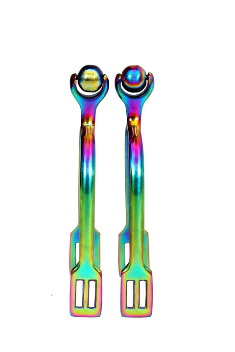 Roller Ball Horse Spurs With Dope Multi Color Stainless Steel Rainbow Finish For English Riding