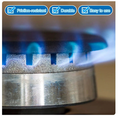 Close-up of gas stove flame on metal burner from 4 Cooker Hat Set For Oven And Gas Hob Burner Caps Crown Flame Covers Metal Stove Burner Knobs Replacement Kit With 3 Sizes For Kitchen Handles And Lids Durable Easy Fit Great For Daily Replacements.