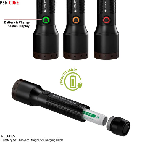 P5R Core Rechargeable Flashlight With High Power LED 500 Lumens Waterproof Light For Home Outdoor Camping And Emergency Use Black Dope Compact Ultra Light Design Weighs Under Four Ounces With USB Charging showing battery and charge status display, rechargeable battery, magnetic charging cable