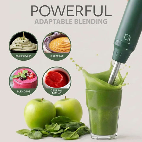Heavy Lifter 5 Speed Immersion Blender With 500 Watt Turbo Boost And Whisper Quiet Action For Creamy Soups And Smoothies Featuring No Fuss Detachable Stainless Steel Shaft In Eco Conscious Green Finish That Runs Smooth And Reliable blending a green smoothie in a glass.