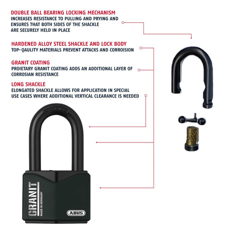 Granit Alloy Steel Padlock With 2 Inch Shackle, Keyed Alike, High Security Disc Cylinder, Hardened Steel Body And Shackle, Tough As Nails Against Picking, Code 5544653 layout with labeled components