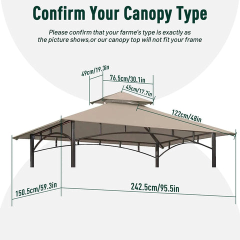 Diagram of Grill Gazebo Replacement Canopy Roof For 5x8 Foot Outdoor BBQ, showing measurements and double layer design.