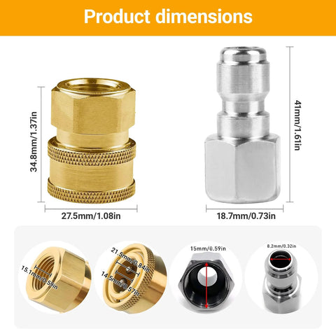 Brass and stainless steel 3/8 in NPT pressure washer quick-connect fittings, 8-pack internal-thread, front view