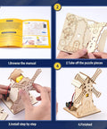 Four-step guide assembling mini windmill from Five In One Wooden STEM Kits For Kids With Amusement Park Theme Build A Ferris Wheel