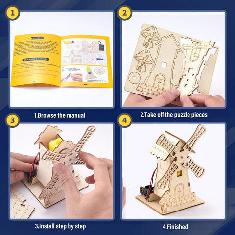 Four-step guide assembling mini windmill from Five In One Wooden STEM Kits For Kids With Amusement Park Theme Build A Ferris Wheel