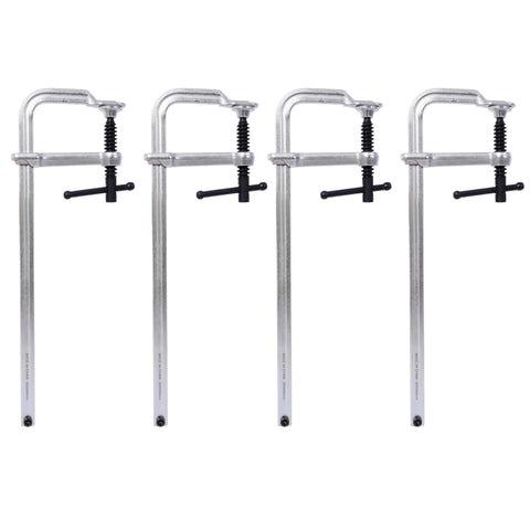Four 12 inch bar clamps designed for use with the Rock Solid 55 Inch Rubber Wood Workbench For Garage And Workshop.