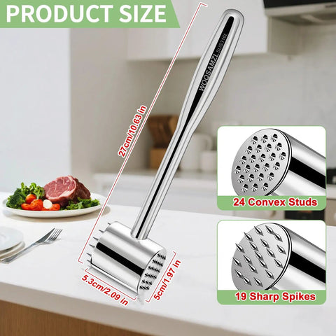 Dual Sided 316L Stainless Steel Meat Tenderizer Mallet With 19 Sharp Needle Spikes, dimensions displayed on kitchen counter
