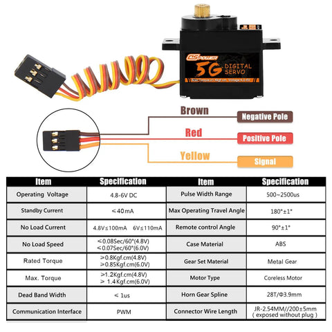 2 Pack 5G Micro Digital Servo With Metal Gears Coreless Motor For 1 28 Scale RC Cars Airplanes Fixed Wing Planes Helicopters And Drones JR254 Connector High Precision Mini Servo image showing wiring diagram and specifications
