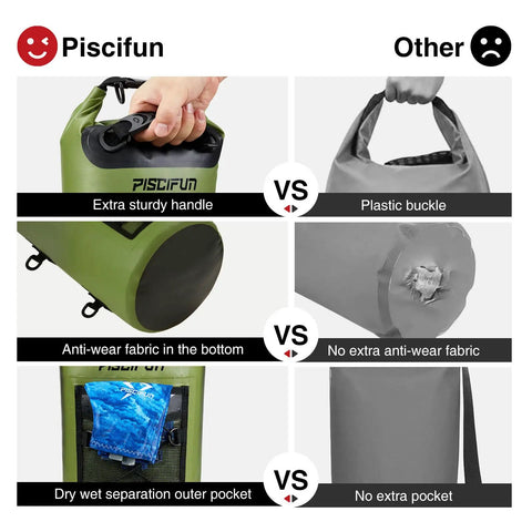 Comparison of green waterproof backpack features: sturdy handle, anti-wear fabric, with IPX8 phone case, versus plain alternative