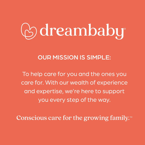 Dreambaby logo with mission statement on orange background