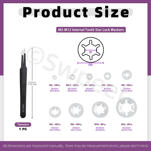 Product size and details of 236 Piece 304 Stainless Steel E Clips And Internal Tooth Lock Washers Kit With Tweezers For Gear Repair