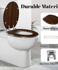 Elongated walnut wood wood grains pictures Toilet Seat on white toilet, showcasing resin material and stainless steel hinge.