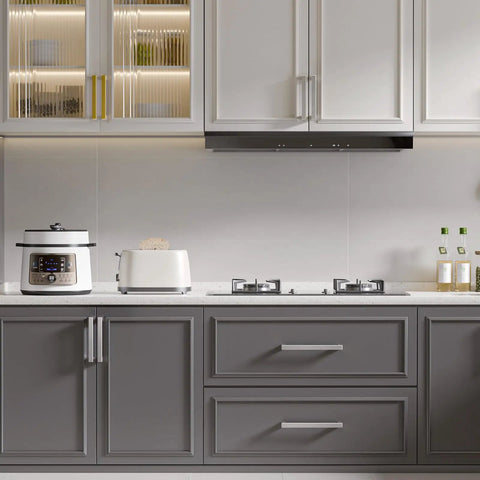 Kitchen cabinetry featuring Top Shelf Slick Brushed Nickel Cabinet Pulls And Drawer Handles, 7.5 Inch, modern design.