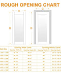 Rough opening chart for Pine Wood Slab Door With Frosted Glass For Interior Use 36 By 80 Inches Farmhouse Shaker Style.
