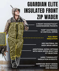 Men's Insulated Guardian Elite Front Zip Wader with TiZIP MasterSeal 10, featuring hunting design and key insulation details.
