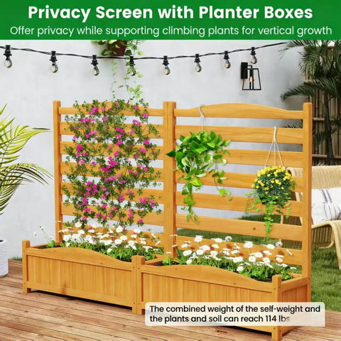 Two Panel Outdoor Privacy Fence With Planter Box For AC Unit No Dig Kit Wood Privacy Screen Enclosure For Patio Backyard Trash Can And Pool Equipment 34 W X 40 H with plants and string lights.