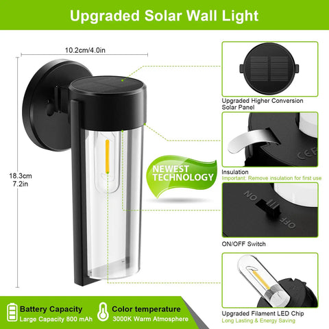 6 Pack Outdoor Solar Fence Lights Waterproof Wall Mounted, Auto On Off Solar Wall Light with upgraded LED, solar panel, ON/OFF switch