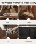 Step-by-step process of making a wood vanity including polishing, engraving, painting, and the finished product.