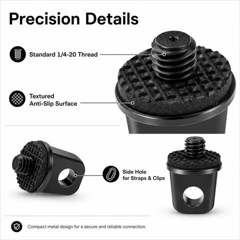 Two Pack 1/4-20 Camera Neck Strap Screws With Rubber Padded Eye Bolts showing standard thread and anti-slip surface.