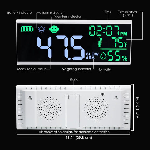 Dope 13 Inch LED Decibel Meter With Time Temperature Humidity Readouts Measures 30 To 130 dB Wall Mount Or Desktop Sound Level Monitor With Buzzer Alarm For Classroom Studio And Home Use, front and back view