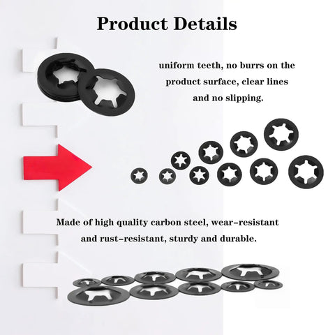 Internal Tooth Starlock Locking Washers Set 340 Pcs Including Push On Speed Clips Fasteners Assortment Kit displayed