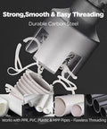Pipe Threading Tool Set With One Half Inch And Three Quarter Inch Dies For Internal And External Threads Drill Powered Adapter For PVC And Plastic Pipes Must Have Home Repair Kit showing threading process.