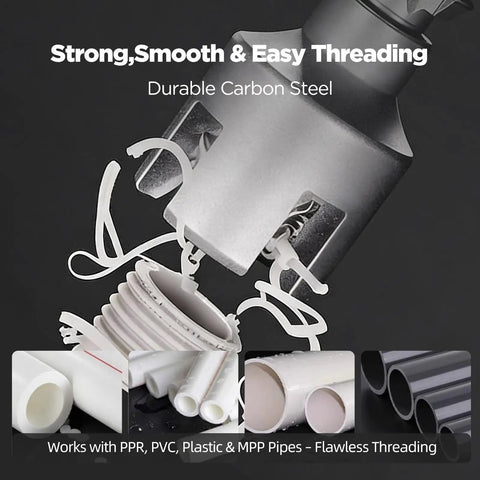 Pipe Threading Tool Set With One Half Inch And Three Quarter Inch Dies For Internal And External Threads Drill Powered Adapter For PVC And Plastic Pipes Must Have Home Repair Kit showing threading process.